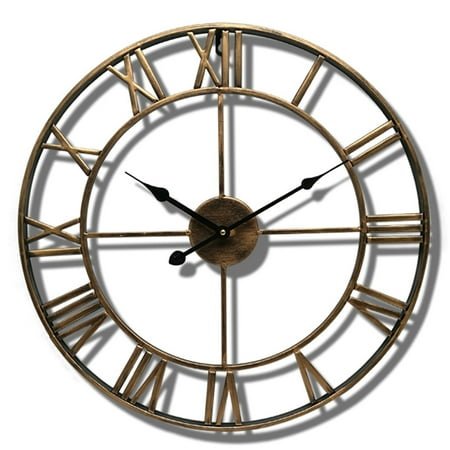Hemoton Vintage Metal Clock European Hollowed-out Roman Numeral Silent Clock Handmade 3D Large Round Decorative Clock for Living Room Bedroom Kitchen(Antique Brass 40cm)