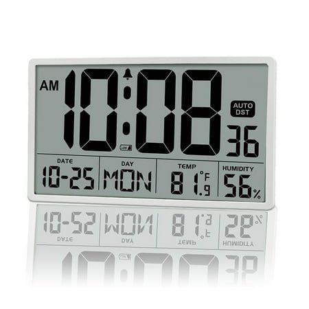 IMotion Digital Wall Clock, Battery Operated, with Temperature, Humidity and Date Display, Desktop Clock with Large Screen 8.5 Inch Digital Calendararm Clock, for Elderly, Bedroom, Office, Auto DST.