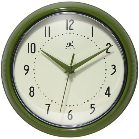 Infinity Instruments Retro Round Metal Wall Clock, Olive Green 9.5