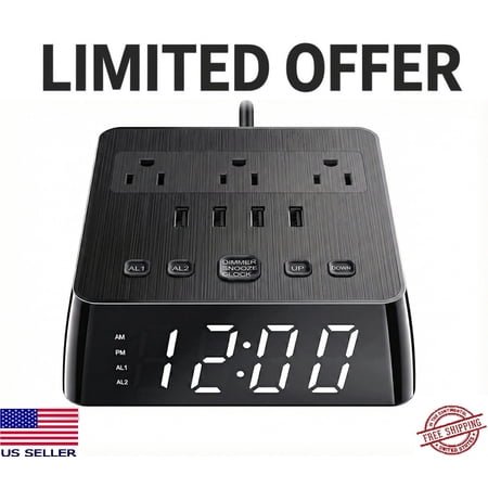 JACKY LED LED Display Alarm Clock, USB Ports, AC Outlets, Dual Alarm, Snooze, Battery Backup, Surge Protector