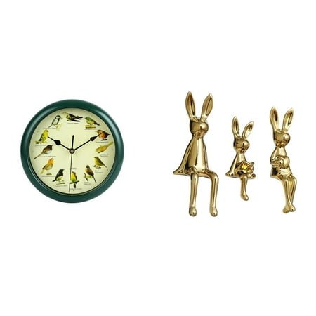 jicheng Melodic Bunny Family Wall Clock Green Frame Musical Birds and Statues Decorative Centerpiece for Bedroom Housewarming Gift Cabinet Display