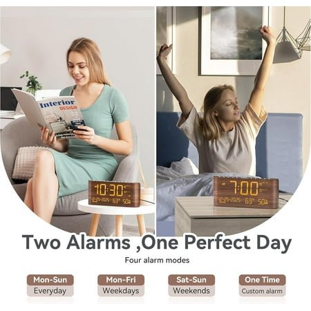 JINYUN-Digital Alarm Clock for Bedroom with Date Temperature and Humidity, Dual AlarmsLoud Volume, USB and Type-C Charging Ports (Brown)