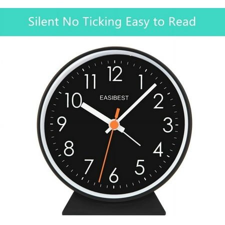 JINYUN-No Ticking Silent Alarm Clock,Easy to Read and Use,Ascending Sound,1 AA Battery Operated,Snooze Light,Bedside Desk Clock,Black