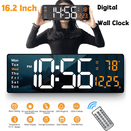 Jowenia Large Digital Wall Clock with Remote Control, 16 LED Display Count Up & Down Timer, Adjustable Brightness Alarm Clock with Day/Date/Temperature for Home, Gym, Office