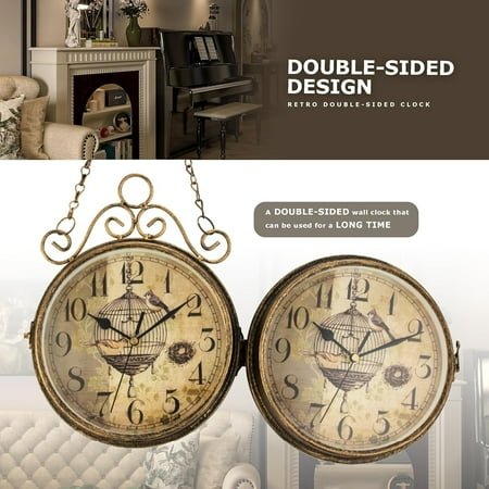 JUNCHI-8 Inch Vintage Double Sided Wall Clock, Retro Wall Clock 20th Century Non Ticking Large Iron Antique Hanging Clocks, Silent Quartz Clock for Office Cafe Library Bedroom Living Room Train Stat