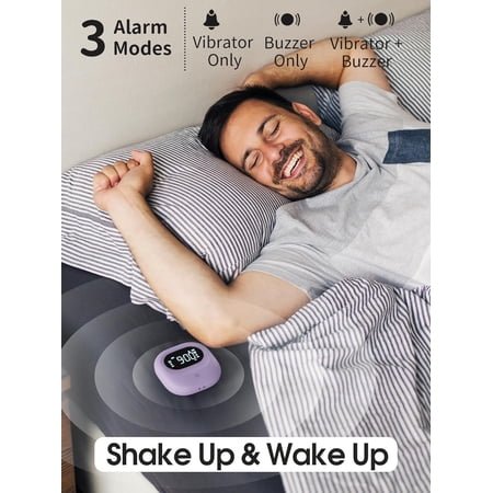 JUNCHI-Super Strong Vibrating Alarm Clock for Heavy Sleepers, Adjustable Vibration Bed Shaker Clock Under Pillow for Hearing Impaired Deaf, Cordless, Small, USB Rechargeable for Travel