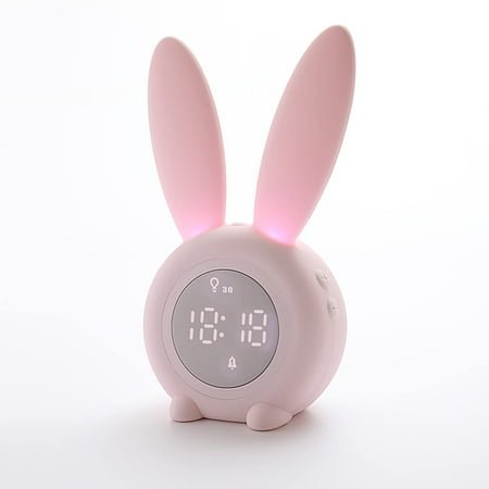 Kids Alarm Clock with Night Light 6 Ringtones, Cute Pink Bunny Digital Alarm Clock for Kids, Touch Control and Rechargeable Sleep Trainer Clock for Boys Girls Bedroom
