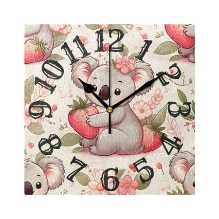 Koalas Strawberry Wall Clock Square Silent Non Ticking Battery Operated Clock for Home Bathroom Kitchen Bedroom Living Room