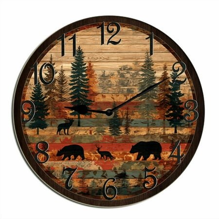 Kurmntregon Cabin Bear Wall Clock Forest Wildlife Mountain Lodge Wooden Silent Non-Ticking Desk Clock Decorative For Living Room Home Office School Kitchen Wall Decoration Round 10