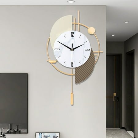Large Decorative Wall Clock with Pendulum for Living Room, Metal Hands, Orange Accent White Dial, Silent Metal for Living Room, Bedroom, Study, Office