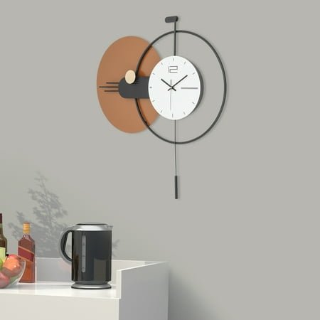 Large Round Wall Clock with Fashion Pendulum Bob – Iron Material, Analog Display, 2*AA Batteries (Not Included) – Perfect for Workshops & Restaurants Brown