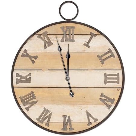 Large Wooden Wall Clock - Antique, Vintage, Rustic, Country Farmhouse Style - Real Wood - Iron Roman Numeral Design - Built-in Wall Hanging Ring - 23.5 x 28$$Home Decor, Kitchen, & Other