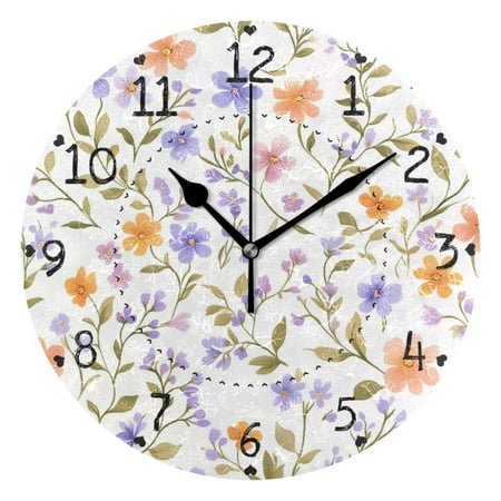 Lavender Orange Tiny Flowers Leaves Round Wall Clock Silent Analog Battery Operated Black Pointer Home Decor 9.84 Diameter