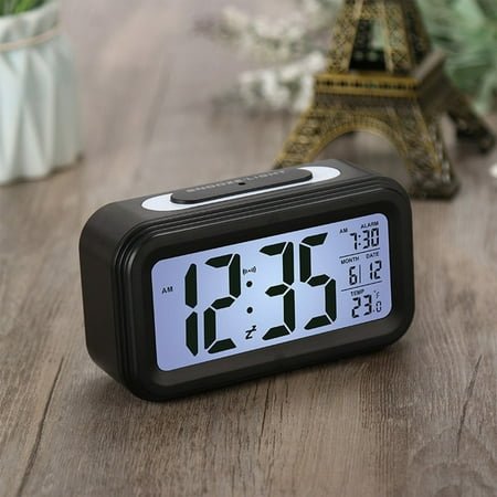 LCD Digital Alarm Clock with Temperature Monitor, Background Light Smart Desk Clock Display Snooze Function for Bedroom Nightstand Office Desk
