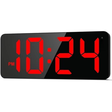 LED Digital Wall Clock with Large Display, Big Digits, Auto-Brightness, 12/24Hr Format, Modern Electric Small Silent Wall Clock for Living Room, Bedroom, Classroom, Farmhouse, Kitchen, Office - Red