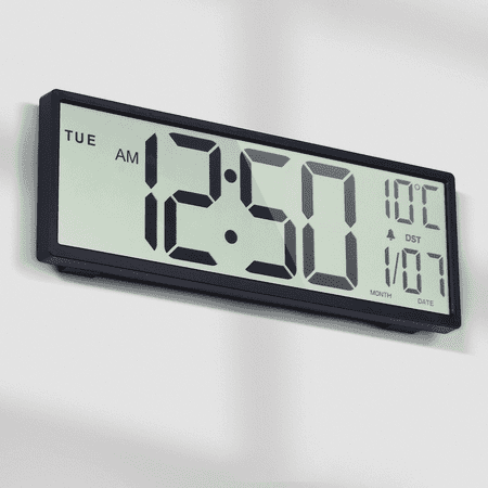 LEIKE 15 Digital Wall Clock Battery Operated Large Display with Date and Day of Week, Large Number with Temperature, Auto DST, Alarm, Snooze, 12/24H for Desk Office