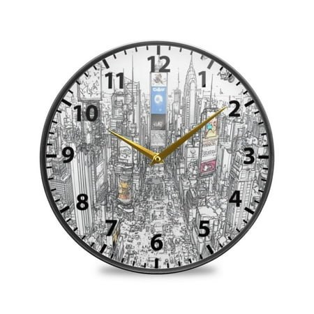 Line Art City Wall Clock Modern Decor Acrylic Clock Golden Hands 9.5in