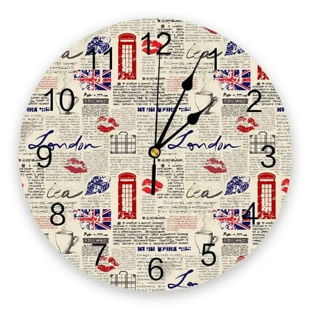 London Newspaper 3d Wall Clock Modern Design Farmhouse Decor Kitchen Vintage PVC Round Clock Living Room Decoration（10 Inch）