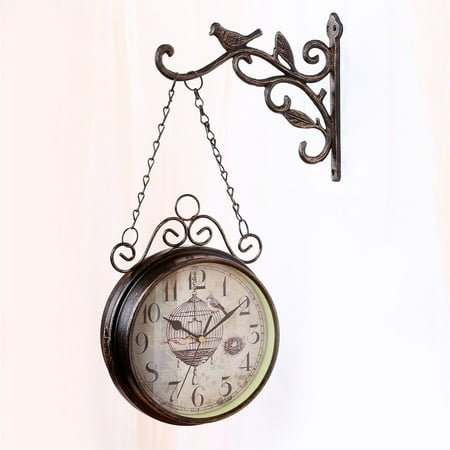 Metal Clock Double Sided Bird Round Wall Mount Hanging Home Decor Antique Outdoor Garden Wall Station