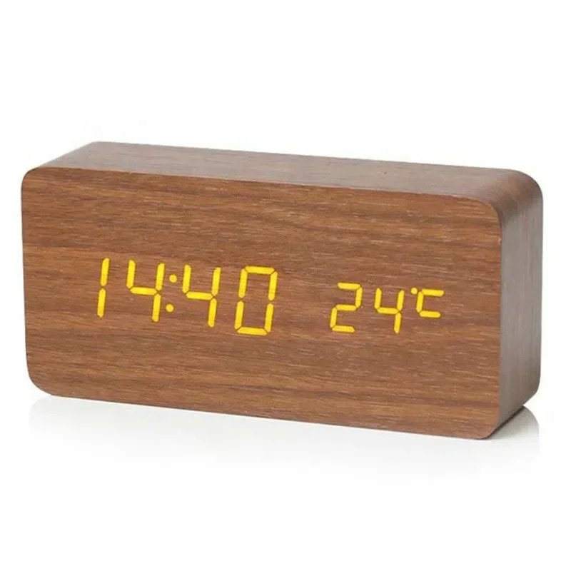Modern Wooden Wood Digital LED Desk Alarm Clock Thermometer Qi Wireless Charger
