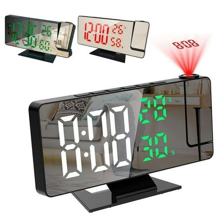 Opvise 180-Degree Adjustable Projection Alarm Clock with Indoor Temperature & Humidity Display, 7.8 Mirror LED Screen, Multi-Alarm, USB/Battery Powered, Compact Bedside Digital Clock