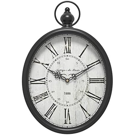 Oval Retro Wall Clock, Rustic Vintage Style, Black Antique Design, Battery Operated Silent Decor Large Wall Clocks for Kitchen,Farmhouse,Office (15.5 H x 10.5 W)