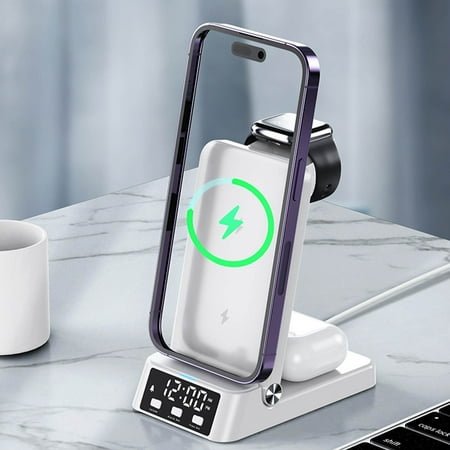 Oxodoi Wireless Charging Station,Alarm Clock & Night Light,15W Fast Charging 3‑in‑1 Mobile Phone Dock