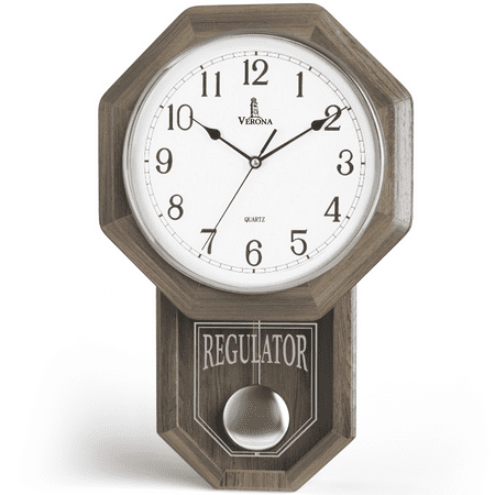 Pendulum Wall Clock - Real Wood Regulator Clock - Rustic, Farmhouse Schoolhouse Design - Quiet, Non-Chiming, Wooden & Battery Operated - Decorative Grey Ash Decor for Living Room, Home, Office 18x11