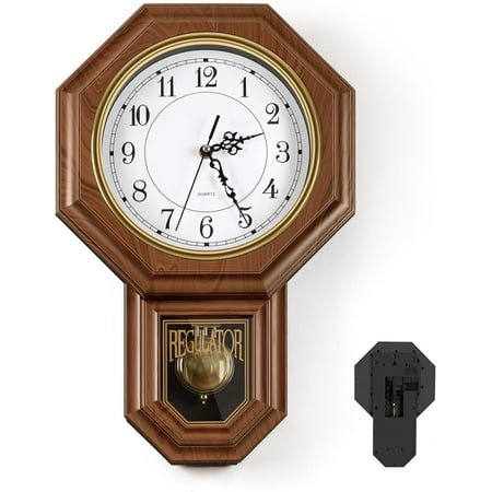 Pendulum Wall Clocks Battery Operated, Wood-Looking Plastic Regulator Clock with Pendulum,Vintage Decorative Wall Clocks for Living Room,Office,Bedroom,Kitchen,Brown 11.8x17.7in