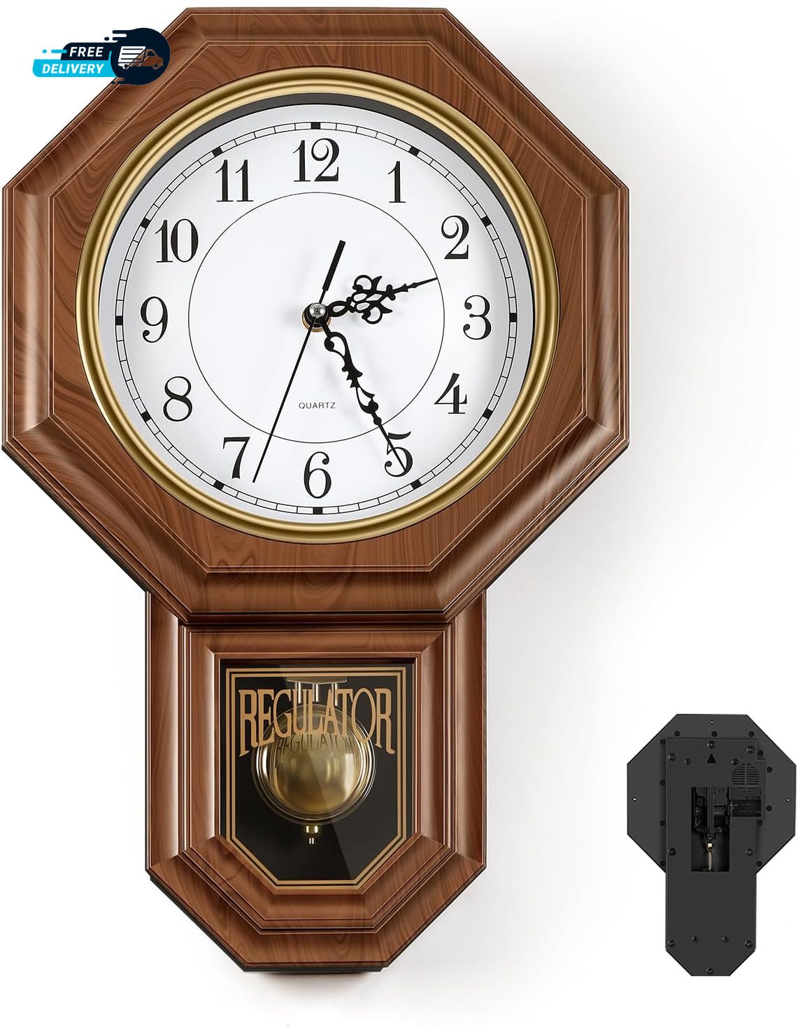 Pendulum Wall Clocks Battery Operated, Wood-Looking Plastic Regulator Clock with