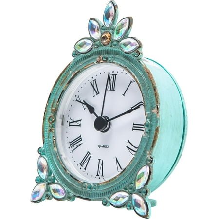 Pewter Quartz Mini Table Clock with Crystal Shining Rhinestone, 2.87 x 1.37 x 3.87 Inches, Aqua