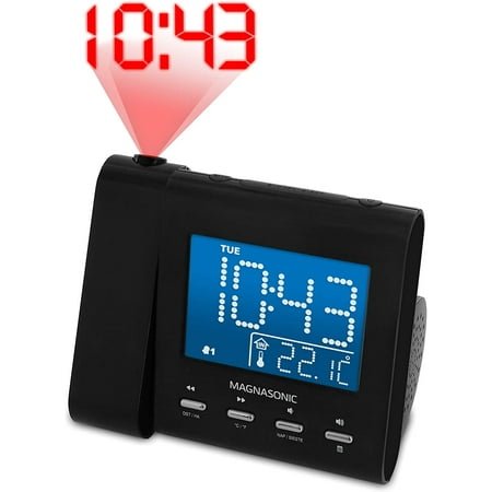 Projection Alarm Clock with AM/FM Radio, Battery Backup, Auto Time Set, Dual Alarm, Nap/Sleep Timer, Indoor Temperature/Date Display with Dimming & 3.5mm Audio Input - Black (EAAC601)