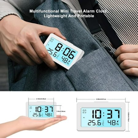 QIHE-2.7 Ultra-mini Travel Alarm Clock, Portable, Small Digital Clock, Loud Alarm for Bedrooms, Battery Operated, Alarm Clock for Kids, Temperature Humidity Display, LCD, Easy to Use (1, White)