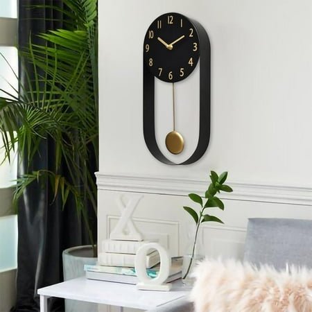 QIHE-8 Inch Black Wall Clock with Gold Pendulum, Silent Modern Metal Wall Clock, Minimalist Decorative Pendulum Timepiece for Living Room, Office, Kitchen