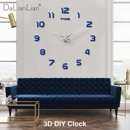 QIHE-Big DIY Frameless Wall Clock Modern Large 3D Clock for Living Room Decor, Bedroom or Office Decoration Mirror Effect Arabic Numerals Metal Hands Silence Quartz Movement (Blue)