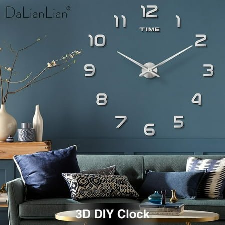 QIHE-Big DIY Frameless Wall Clock Modern Large 3D Clock for Living Room Decor, Bedroom or Office Decoration Mirror Effect Arabic Numerals Metal Hands Silence Quartz Movement (Silver)
