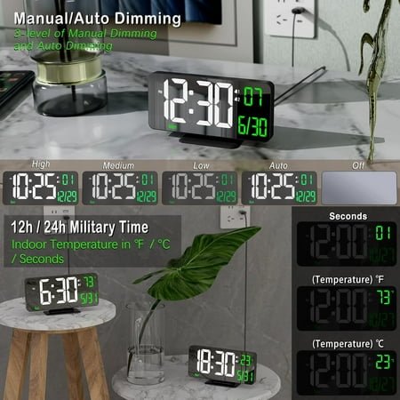 QIHE-Desk Clock 6.7in Black Digital Alarm Clock with Dual Alarm, Dimming, Date, Day of Week, Temp, 12h 24h, Digital LED Clock for Table Decor, Digital Calendar Mirror Clocks Essentials