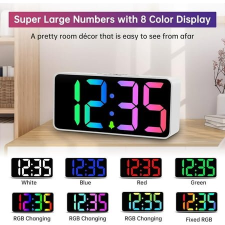QIHE-Large Digital Alarm Clock Big Numbers for Seniors & Visually Impaired, RGB 9 Inches Desk Clock for Bedroom, Dimmable Jumbo Display, USB Ports, Loud Alarm for Heavy Sleepers, Adjustable Volume