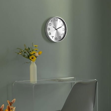 QIHE-Modern Decorative Aluminum Round Wall Clock for Living Room, Kitchen, Dining Room, Silver