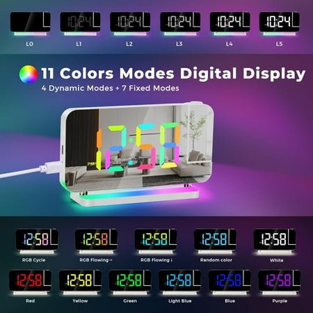 QIHE-Projection Clock, 7.4 LED Mirror Digital Alarm Clocks, with RGB Night Light, 180° Rotatable Projector,USB C Charger Port, Auto Dimmer, Modern Desk Clock for Teens Girl Adults Bedroom - White