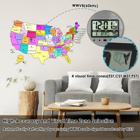 QIHE-Round Atomic Digital Wall Clock - Large Display with Date, Day, Temp - Self-Setting for Daylight Saving Time (DST) - Battery Operated, Aluminum Dial Silver Modern Digital Clock