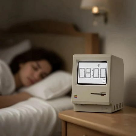 RayCue Retro Macintosh Mini Desktop Clock 80s Style Computer Shaped Ornament USB-C Rechargeable Time Date Temperature Display Alarm with Backlight for Desk Decor Tech Enthusiasts