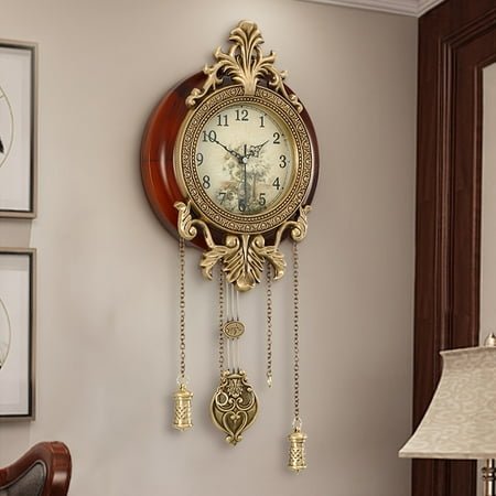 Real Wood Wall Clock with Swinging Pendulum by Aero Snail, Battery Operated Clock for Living Room Decor, Retro Vintage Style Decorative, Improted Mechanism Silent Scanning Hands Watch