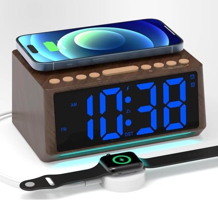 Retro Digital Alarm Clock for Bedrooms with Large Numbers, Desk Clock with Wireless Charging Station, Mood Lights, Dimmer, Snooze, 12/24H, Loud Alarm, Vintage Décor