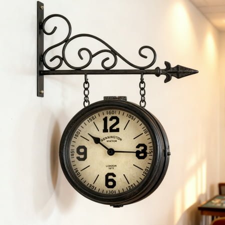 Retro Station Clock,Double Sided Wall Clock with Pendulum Mounting Bracket for Garden Kitchen Courtyard Living Room