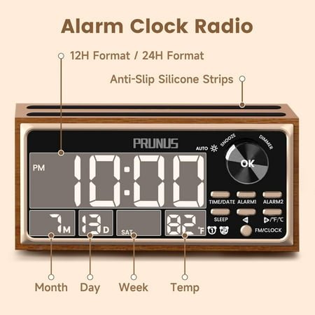 Retro Vintage Alarm Clock Radio with Wireless Charging, Dual Alarms, Large LED Display