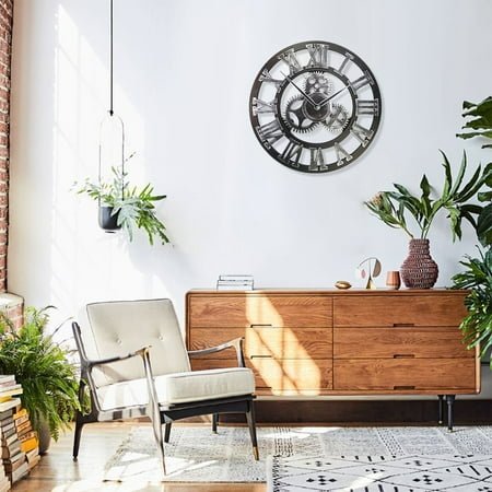 Rkxzt Wall Clock Vintage Steampunk Industrial Wall Clock with Roman Numerals Retro Gear Decor 1 Count Home Decor|Wood,B