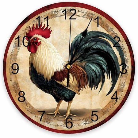 Round Farmhouse Rooster Design Wall Clock 10-Inch Non-Ticking Silent Battery Operated Glass Red-Brown