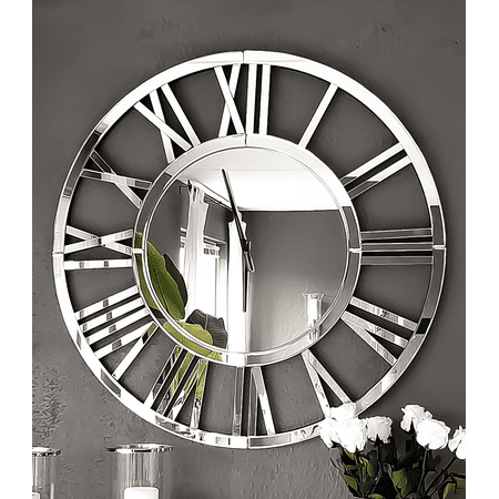 Round Mirror Wall Clock - 24 Modern Clocks Mirrored Wall Decor for Living Room Office Bedroom Fireplace Decor