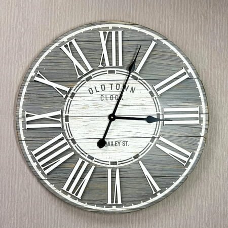 Rustic Vintage Wall Clock – 26.5-Inch “Old Town” Farmhouse Clock with Raised Roman Numerals, Distressed Wood Look, Silent Movement